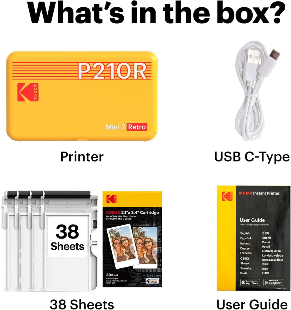 KODAK Mini 2 Retro 2X3 Portable Photo Printer, 38 Sheets, Bluetooth Smartphone Printer for Iphone & Android, Instant Color Prints, 4PASS Dye Sublimation, White